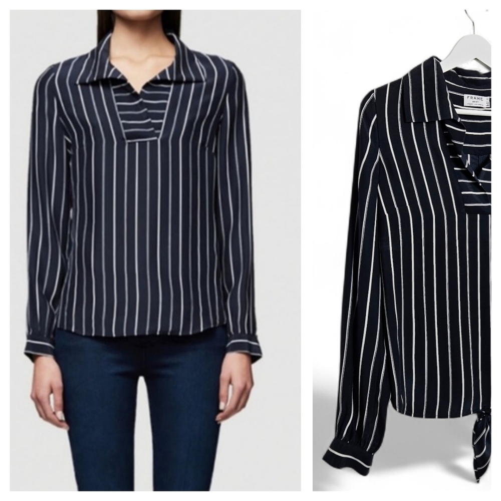 FRAME Silk Blouse XS Tie Back Vertical Stripe Button Shirt Navy White Luxury Top